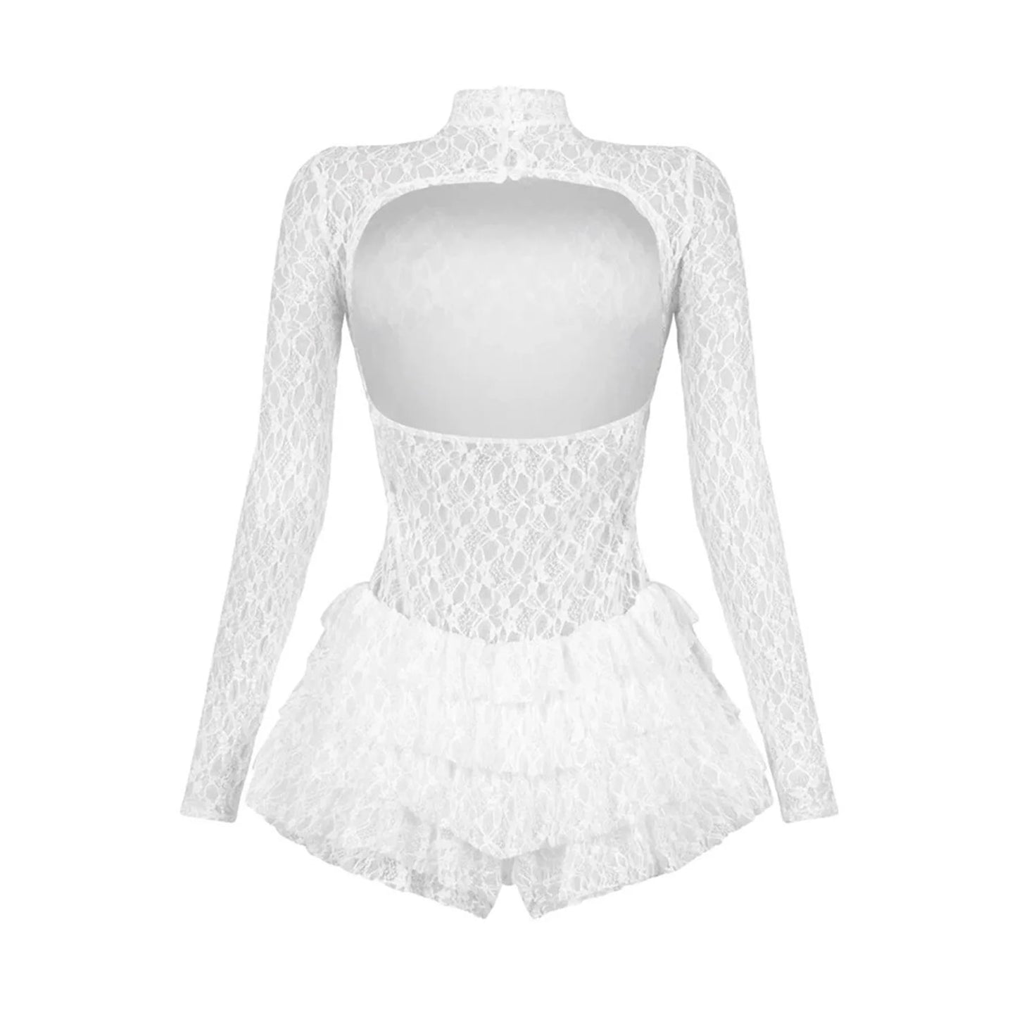 CM.YAYA Women Long Sleeve Lace Ruffles Ruched High Waist Short Jumpsuit Streetwear Backless Street One Piece Romper Playsuit
