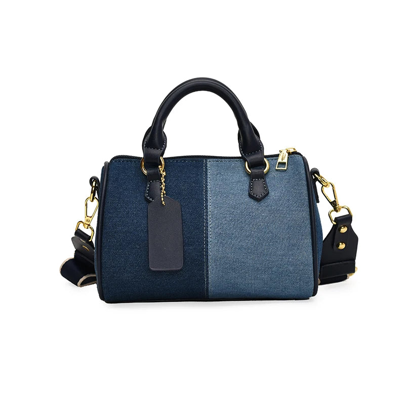 Patchwork Colorblock Mini Handbags For Women Denim Shoulder Cross Body Bags Casual Street Small Boston Bag 2024 Designer Purses