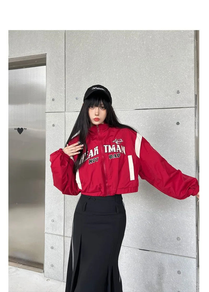 American Retro Spice Girls Tide Brand Short Trench Coat Women Y2K High Waist Motorcycle Wind Red High Street Baseball Uniform