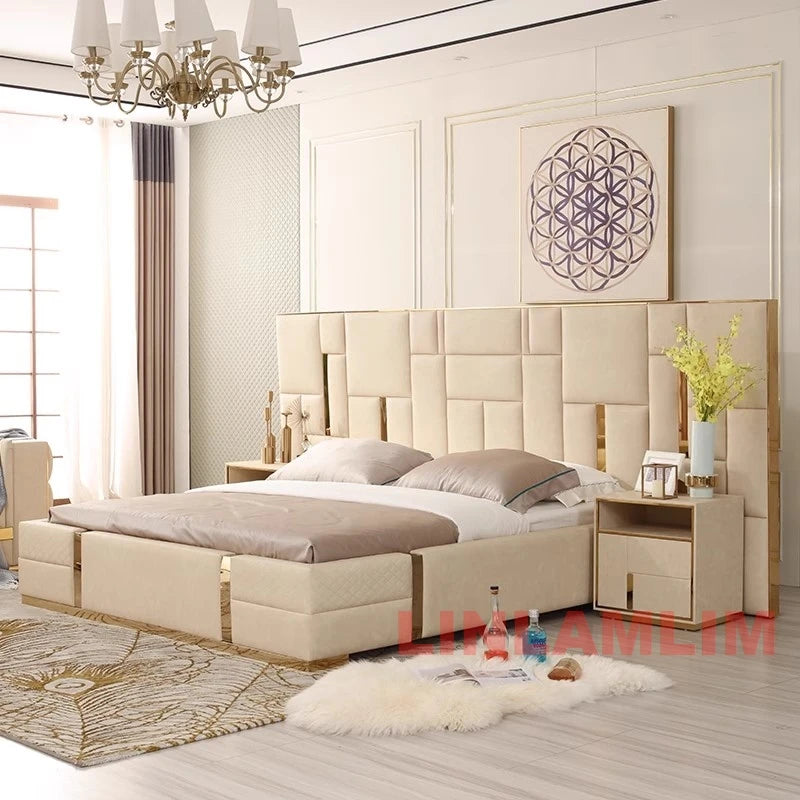 MANBAS Luxury Modern King Size Bed with Soft Upholstered Headboard and Storage Nightstands - Genuine Leather Bedroom Furniture