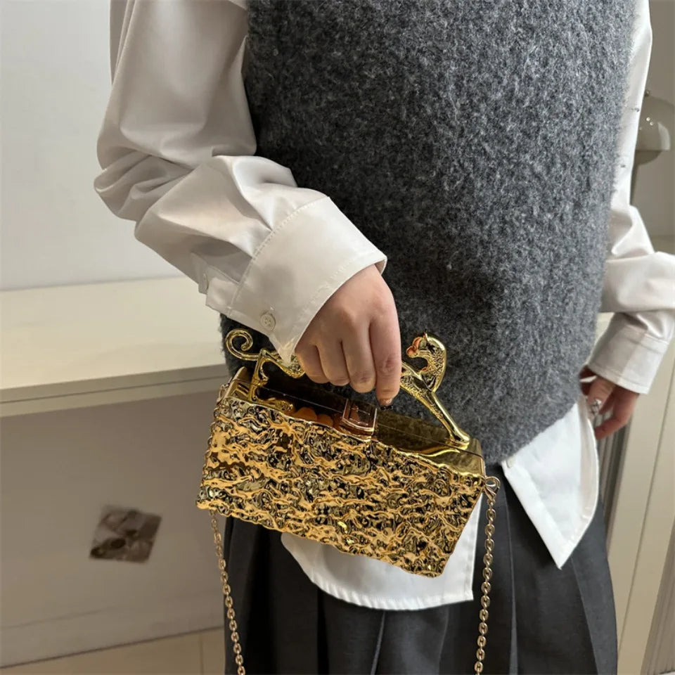 Leopard handle Luxury Gold Silver Party Evening Bag For Women Chain Clutch Handbags And Purses Mini Crossbody Shoulder Phone Bag