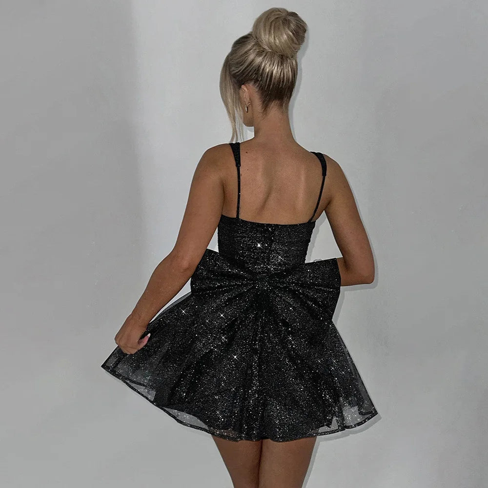Fantoye Glitter Bright Silk Sparkling Bow Women Dress Apricot Spaghetti Strap Mini Dress Female Spring Slim Elegant Party Dress