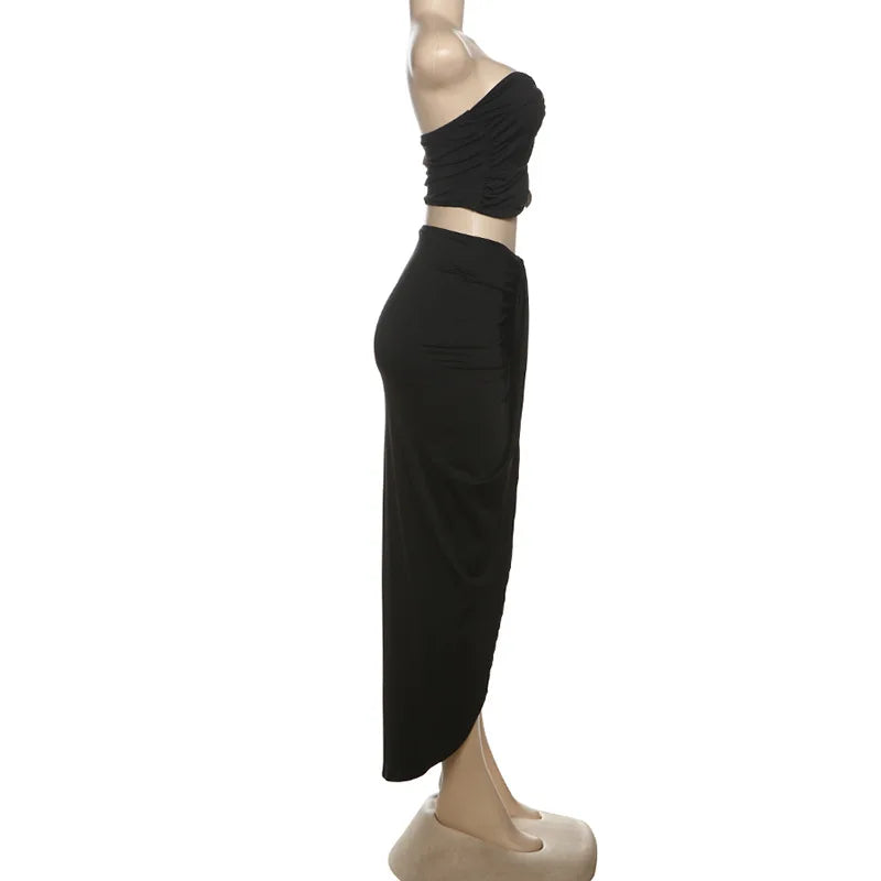 VEITCHE Summer Women Hollow Metal Buckle 2 Piece Skirt Sets Sexy Ruche Tops And Split Maxi Skirt Matching Clubwear Outfits