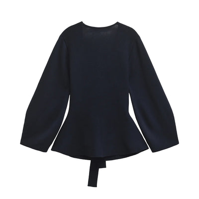 TRAFSHE Spring Women Shoulder Pad Belt Knit Blazer Women Retro V-neck Long Sleeve Versatile Female Coat Women Clothes 9598/128