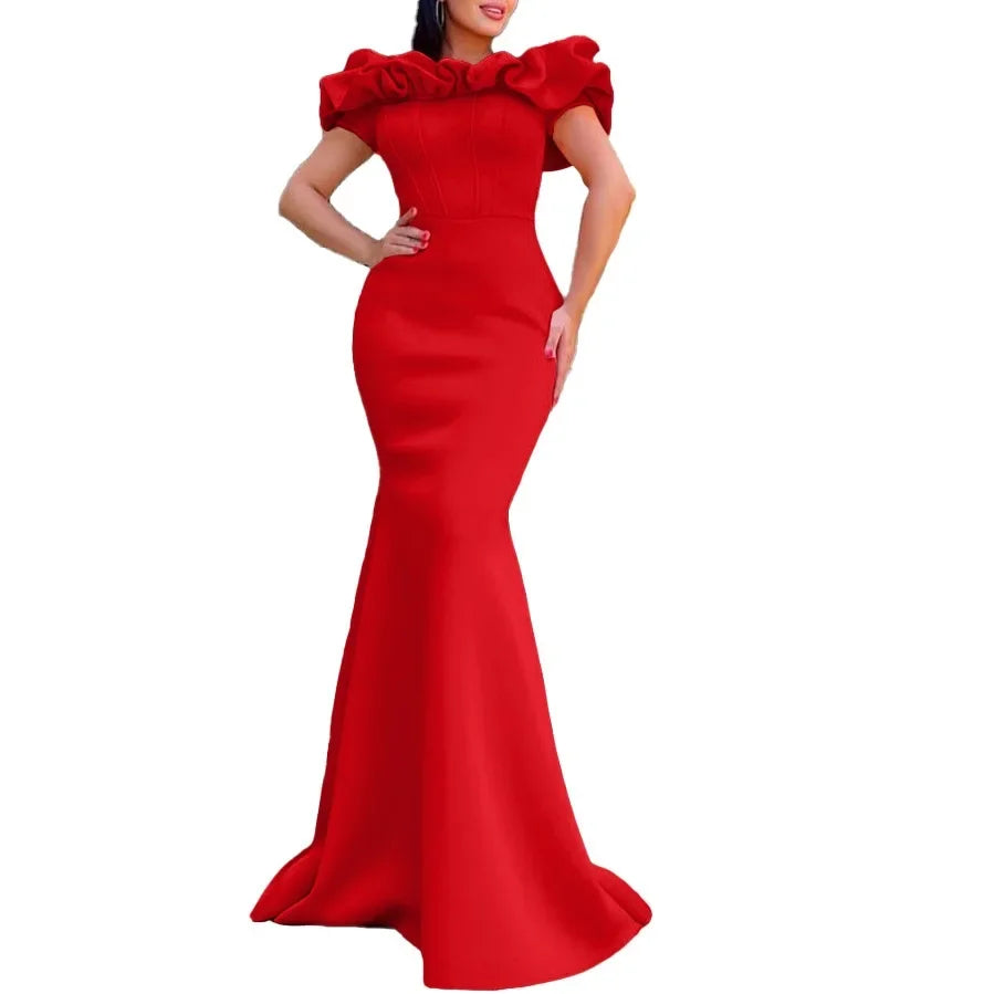 Elegant Long Dresses for Women Off the Shoulder Short Sleeve Mermaid Floor Length Luxury Female Birthday Party Dinner Dress Robe