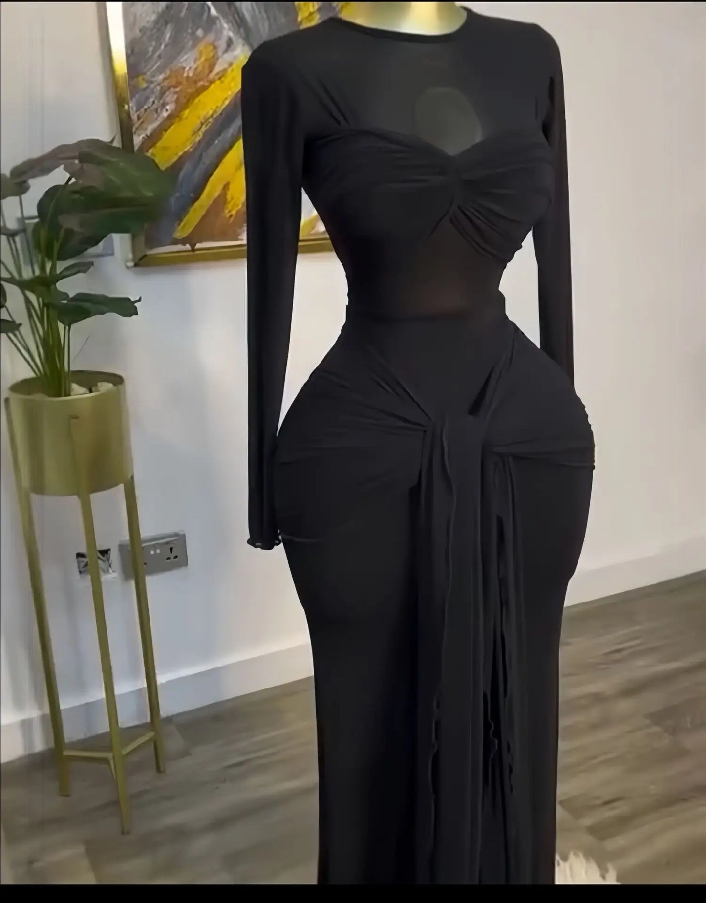 New Women's Long Dresses Sexy Round Neck Full Sleeve High Waist Elegant Splice Bodycon Evening Vestidos Maxi Party Night Dress