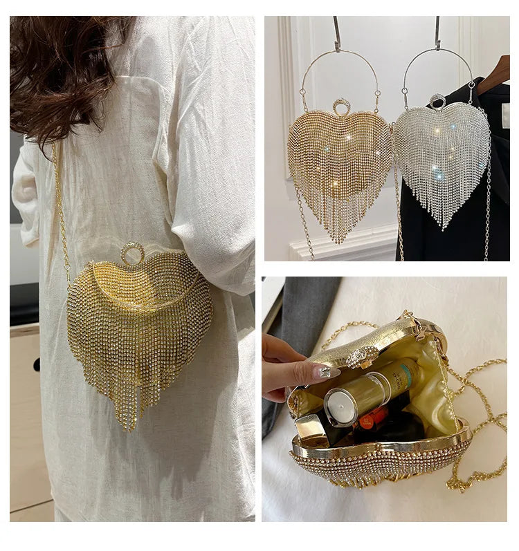 Rhinestone Evening Bag Heart Pattern Silver Handbag Womens Diamond Tassel Banquet Clutch And Purse Wedding Bridal Prom Wallets