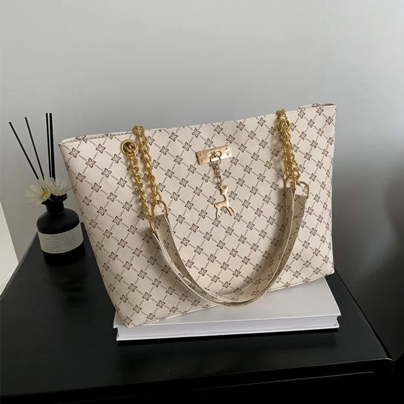 Luxury Old Money Tote Bag - Printed PU with Metal Chain Strap,Spacious & Lightweight for Women Commuting Travel