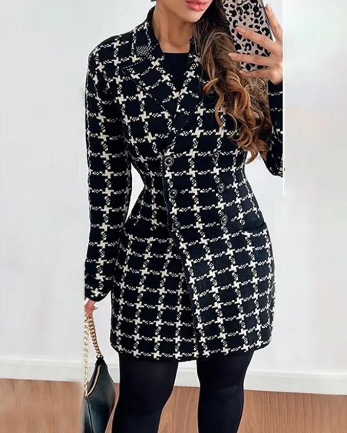 Jackets for Women Autumn Fashion Plaid Print Double breasted Elegant Polo Collar Long Sleeve Medium Length Blazer Coat