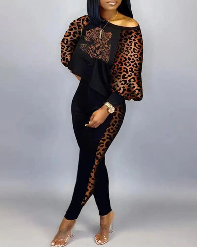 2024 New Autumn Women's Long-Sleeved Round Neck Off-Shoulder Fashion Casual Suit Pants Set Woman Coordinated Pants Sets