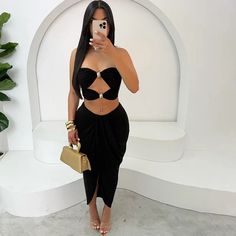 VEITCHE Summer Women Hollow Metal Buckle 2 Piece Skirt Sets Sexy Ruche Tops And Split Maxi Skirt Matching Clubwear Outfits