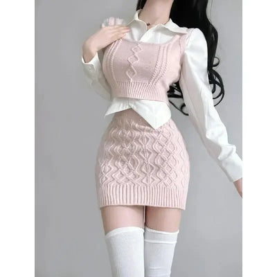 Spring Elegant Vintage Knitted Suits Women Even Party Clothing Korean 3 Piece Dress Set Office Lady Sweater Vest + Mini Skirt