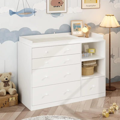 Dresser with Baby Changing Table, Diaper Changing Tables for Nursery with 5 Drawers & Shelves, Changing Station Nursery Organize