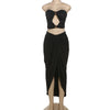 VEITCHE Summer Women Hollow Metal Buckle 2 Piece Skirt Sets Sexy Ruche Tops And Split Maxi Skirt Matching Clubwear Outfits