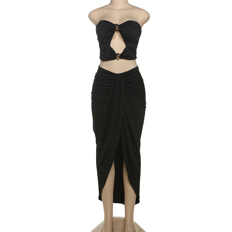 VEITCHE Summer Women Hollow Metal Buckle 2 Piece Skirt Sets Sexy Ruche Tops And Split Maxi Skirt Matching Clubwear Outfits