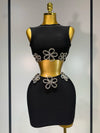 Women Celebrity Sexy Crytal Flower Black Mini Bandage Skirt Suit 2025 Knitted Elegant Evening Club Birthday Party Two Pieces Set