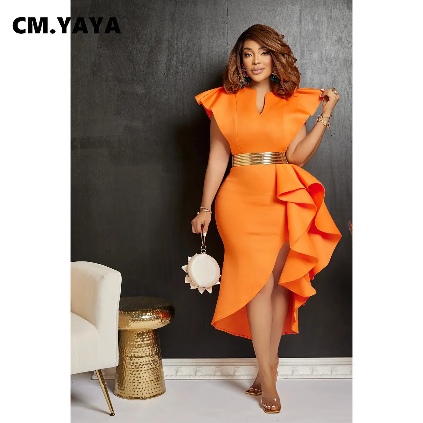 CM.YAYA Women Flare Short Sleeve High Side Split Ruffles Bodycon Midi Dress 2023 Autumn Vestidos Sexy Party Birthday Dresses