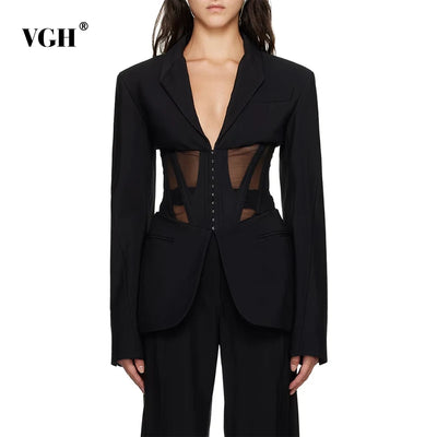 VGH Solid Patchwork Sheer Mesh Tunic Blazers For Women Notched Collar Long Sleeve Spliced Pockets Slimming Blazer Female Style