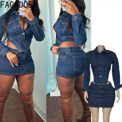 FAGADOER Fashion Denim Two Piece Set For Women Buttons Pocket Irregular Patchwork Crop Jacket + Skirt Female Streetwear Clothing