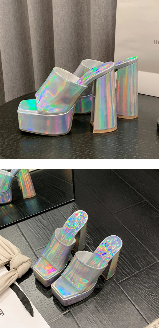 Aneikeh 2025 New Fashion Open Toe Platform High Heel Women Summer Mules Slip-On Outdoor Slippers Sandals Size 35-42 Silver Gold