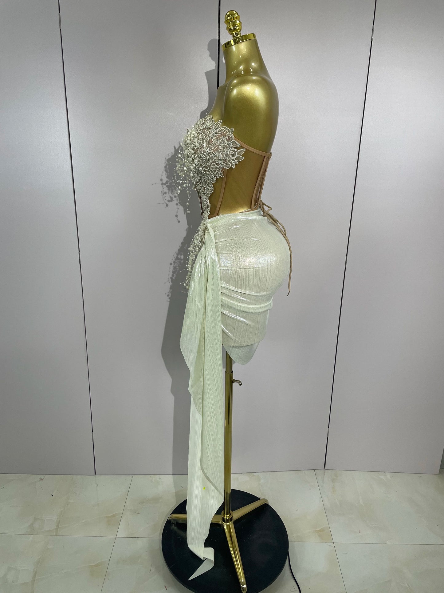 STOCK Luxury Shining Pearls Sexy Asymmetrical Skirt 2 PCS Set 2025 Women Evening Birthday Party Stage Dancer Performance Costume