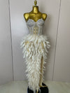 Stock 2025 Women Sexy Sparkly Rhinestone Mesh Feather Long Dress Elegant Evening Party Celebrate Birthday Performance Costume