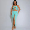 VEITCHE Summer Women Hollow Metal Buckle 2 Piece Skirt Sets Sexy Ruche Tops And Split Maxi Skirt Matching Clubwear Outfits