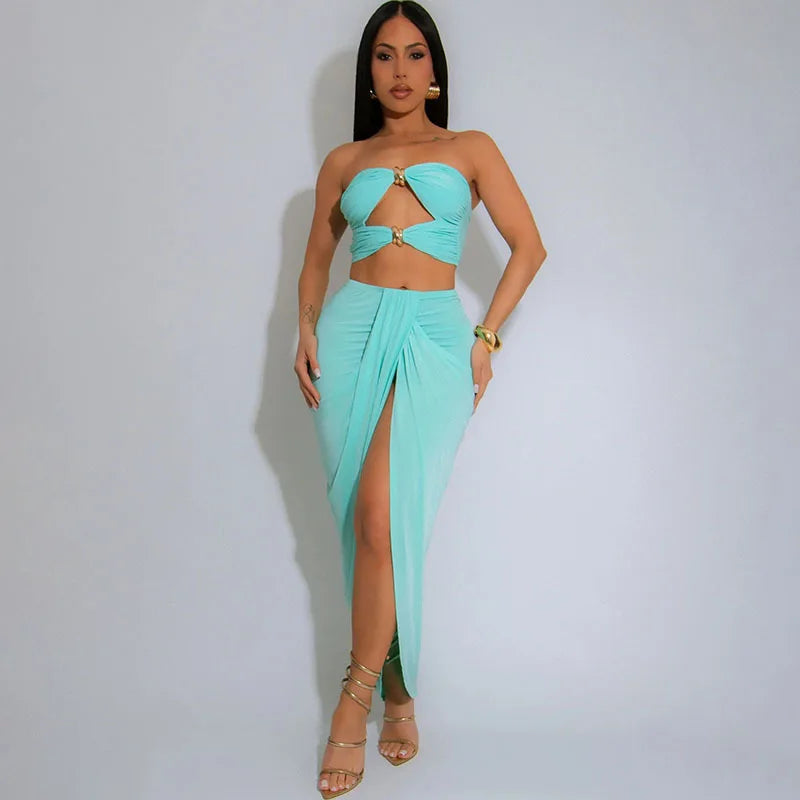 VEITCHE Summer Women Hollow Metal Buckle 2 Piece Skirt Sets Sexy Ruche Tops And Split Maxi Skirt Matching Clubwear Outfits