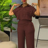 Women's Two Piece Sets Spring Summer Casual Solid Turn-down Neck Short Sleeve Loose Top & Wide Leg Pants Set  Streetwear Outfits