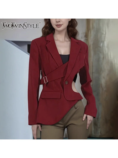 TWOTWINSTYLE Hollow Out Backless Slimming Blazers For Women Notched Collar Long Sleeve Spliced Button Irregular Blazer Female
