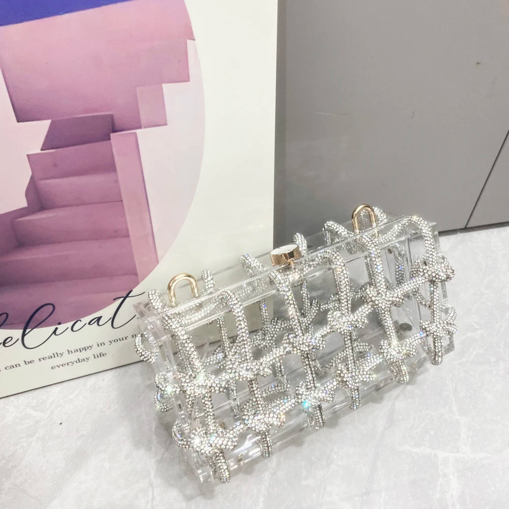Handle Rhinestones Evening bag silver Crystal handmade Bags for Women Purses and Handbags Luxury Designer banquet bag