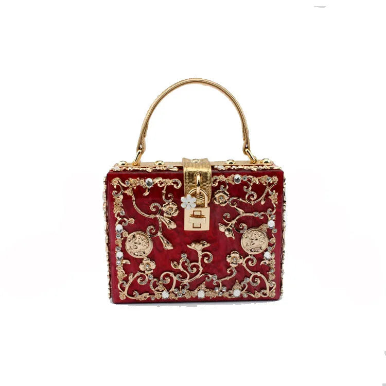 High-Grade crystal Evening Bag Female New Hollow Out Metal Carved Flower Diamond Handbag Box Fashion Chic Shoulder Crossbody Bag