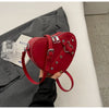 Vintage Y2K Small Chain Rivet Shoulder Bag Heart Shaped Purse Handbag Red PU Leather Gothic Tote Bag Fashion Women Crossbody Bag