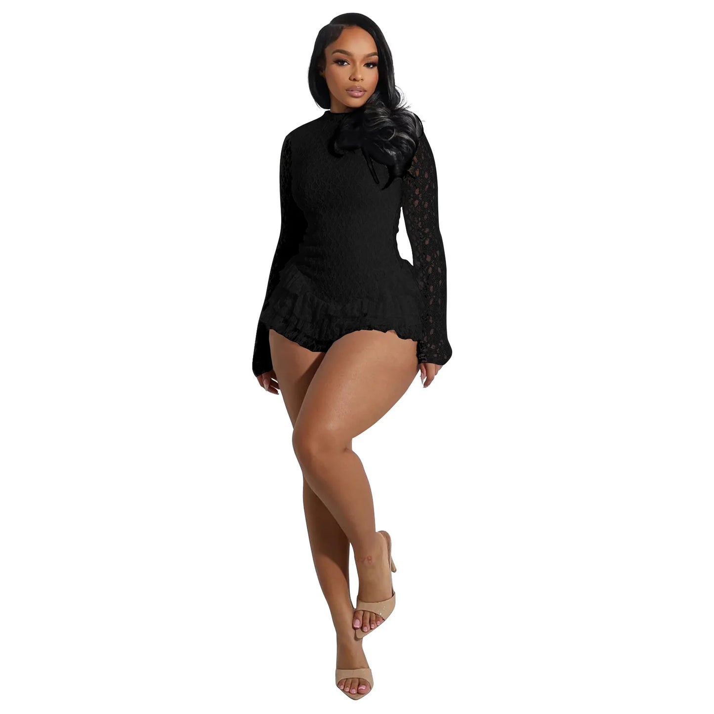 CM.YAYA Women Long Sleeve Lace Ruffles Ruched High Waist Short Jumpsuit Streetwear Backless Street One Piece Romper Playsuit