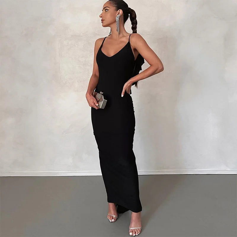 Ruffles Backless Sheath Bodycon Maxi Dresses Party Sleeveless Camisole Robe Femme V Neck Summer Dress Woman Sexy Vestidos Mujer