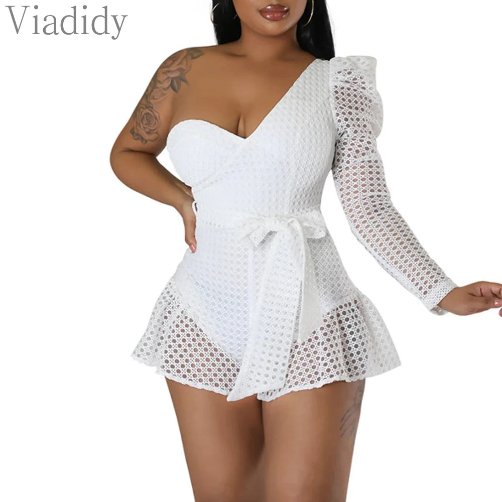 Women Sexy Solid Color One Shoulder Ruffles Decor Skinny Rompers Backless Playsuits with Belt