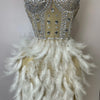 Stock 2025 Women Sexy Sparkly Rhinestone Mesh Feather Long Dress Elegant Evening Party Celebrate Birthday Performance Costume