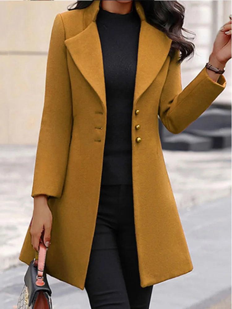 Autumn Winter Women Coats Fashion Lapel Collar Korean Style Slim Jackets Mid-Length Solid Color Button Office Lady Clothes - MAGUSTA BEAUTY