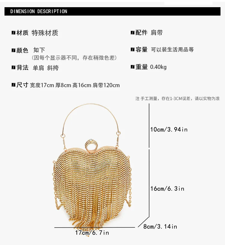 Rhinestone Evening Bag Heart Pattern Silver Handbag Womens Diamond Tassel Banquet Clutch And Purse Wedding Bridal Prom Wallets