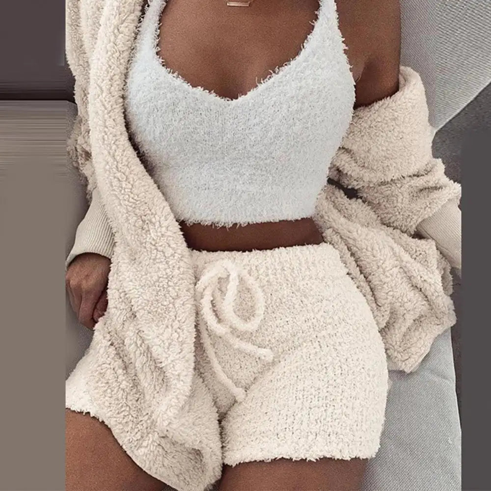 Autumn Winter 3 Piece Fluffy Outfits Plush Sexy Backless Fleece Pyjamas Women Casual Sports Sweatshirt Home Wear Sets Tracksuit