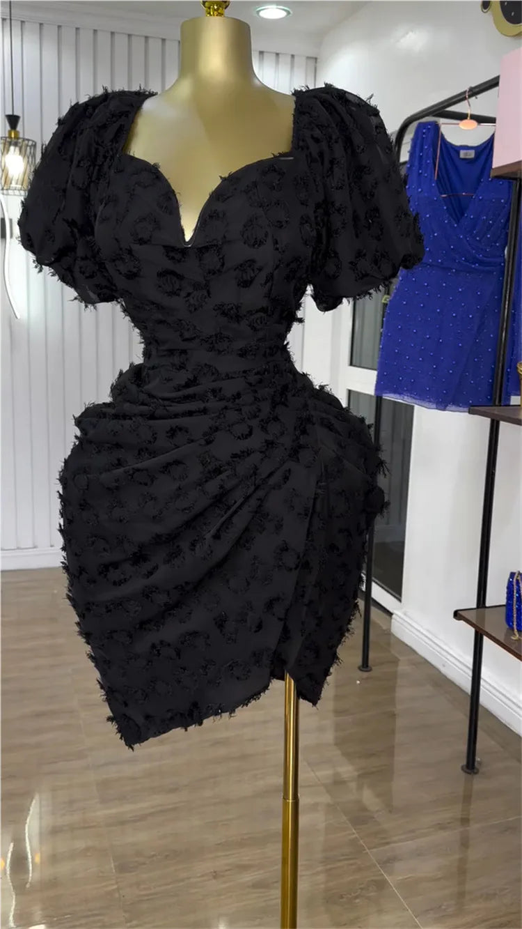 CM.YAYA Summer Women Lantern Short Sleeve Side Split Ruched Midi Mini Dress 2025 Fashion Sexy Night Club Party Dresses Vestidos