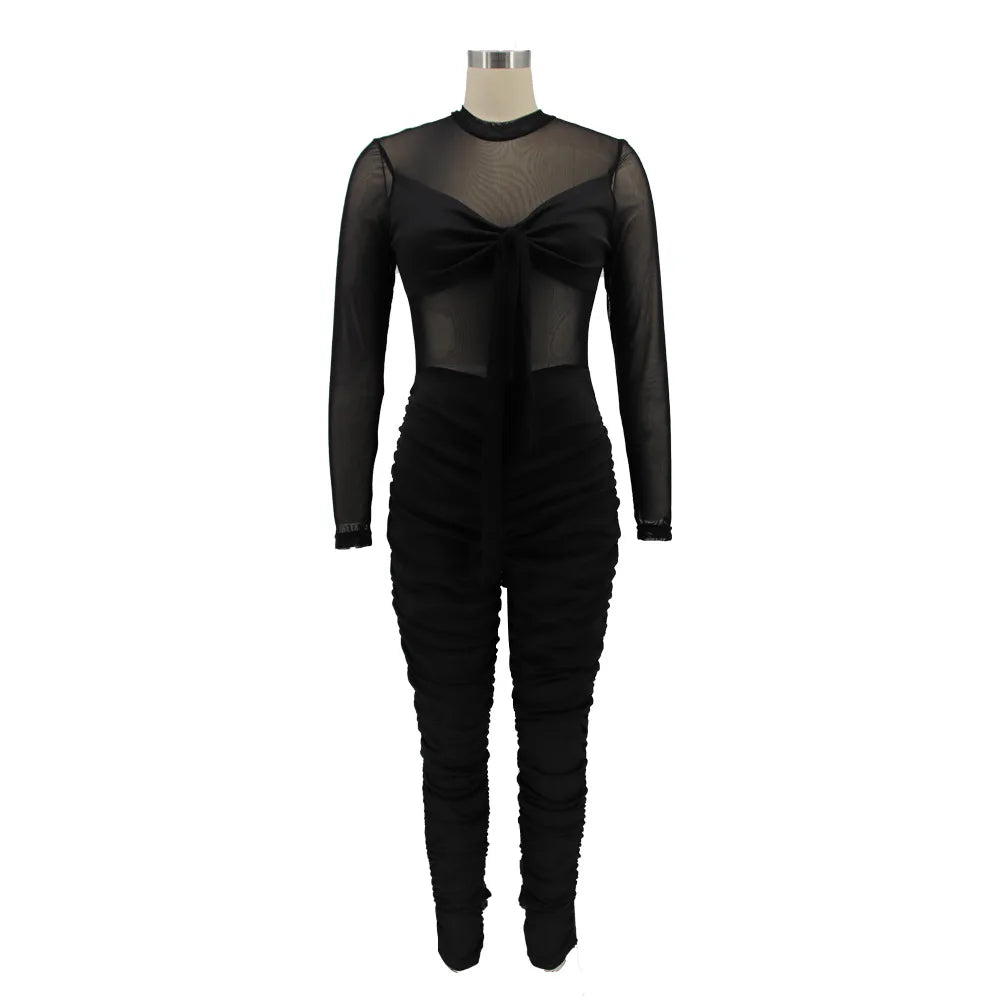 Sexy Mesh Patchwork Jumpsuits for Women Elegant Long Sleeve Bandage One Piece Party Long Bodysuit