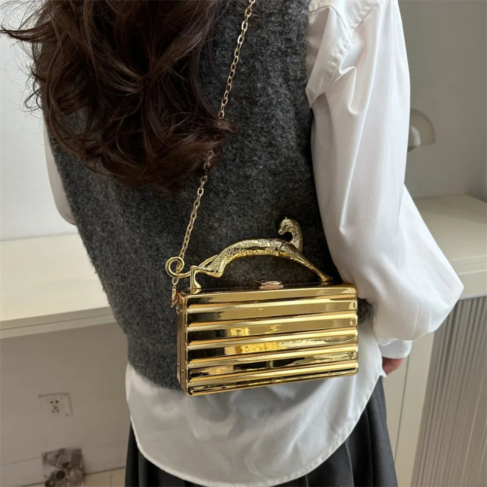 Leopard handle Luxury Gold Silver Party Evening Bag For Women Chain Clutch Handbags And Purses Mini Crossbody Shoulder Phone Bag
