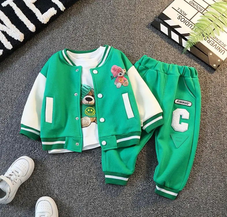 Luxury designer kids clothes for Boys outfits cartoon Print cardigan sport jackets+shirts+pants 3pcs children outfits Baby set