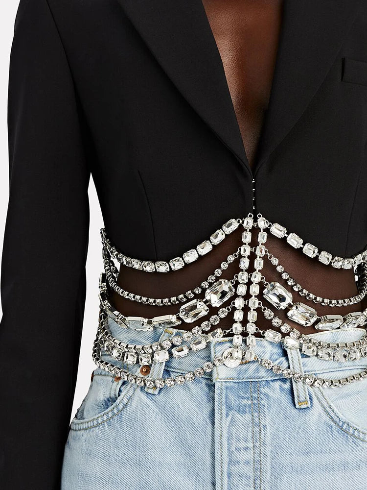 TWOTWINSTYLE Solid Casual Patchwork Diamonds Chain Slim Blazer For Women Notched Collar Long Sleeve Temperament Blazers Female