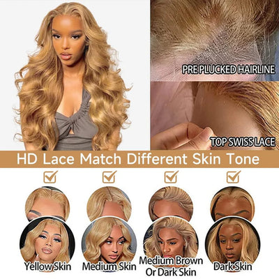 Honey Blonde Lace Front Wig Human Hair 13x4 HD Lace Front 27# Colored Body Wave Blonde Lace Front Wigs Human Hair 180% Density