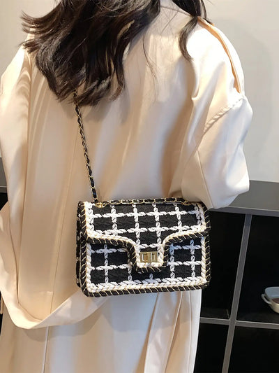 Black & White Plaid Casual Shoulder Bag Crossbody Handbag Women's Shoulder Bags Handbags With Top Handle Fashion Square Bag