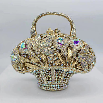 Flower Basket Diamond Dinner Bag Metal Hollow Hand-Held Rhinestone Women's Bag Banquet Clutch Purse Crystal Vintage Handbags