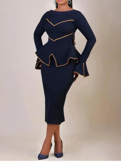 Elegant Women's Office Dress Round Neck Ruffle Edge Long Sleeved Dresses Formal Business Color Blocked Line Workwear New Style