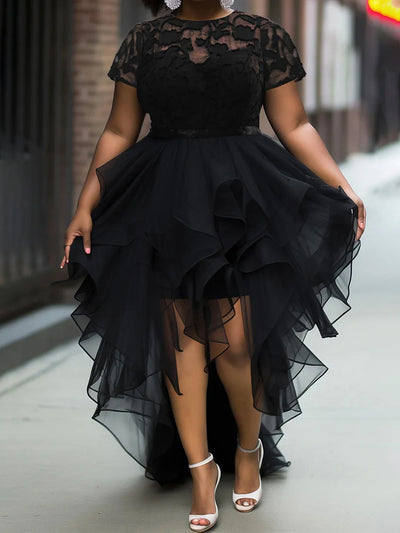 Women Plus Size Lace Patchwork Dress Short Sleeve Irregular Hem Elegant Sheer See Through Party Cocktail Evening Long Dresses